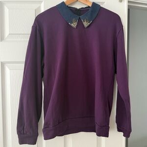 Sandro Purple Crewneck Sweater with silk Collar